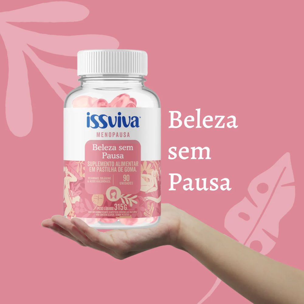 Frasco do suplemento Beleza Sem Pausa da Issviva em tom rosado com tampa branca, sobre fundo lilás, para saúde da pele e cabelos.