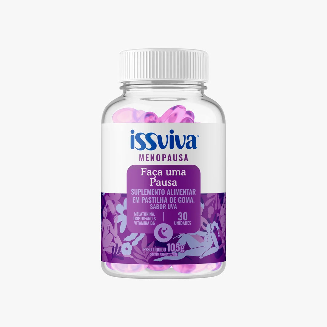Embalagem do suplemento "Faça uma Pausa" da Issviva em tons de roxo e rosa, sobre fundo lilás, voltado ao bem-estar feminino.