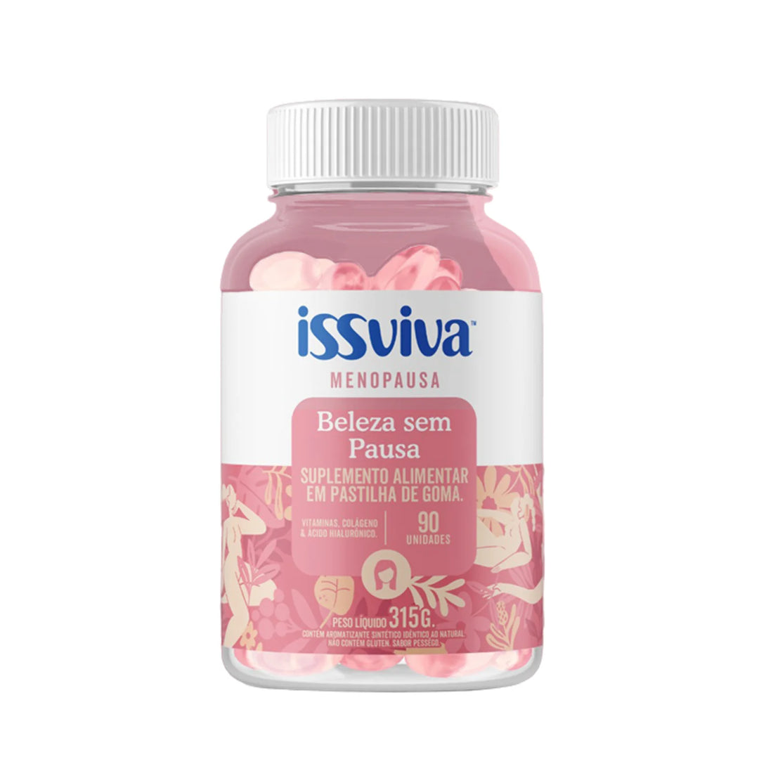 Frasco do suplemento Issviva Beleza sem Pausa em embalagem branca com detalhes em roxa, sobre fundo blamco.