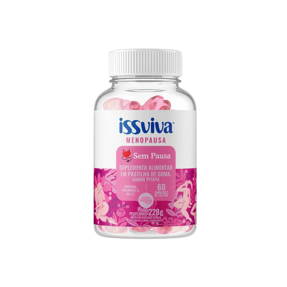 Frasco do suplemento em goma Issviva Sexo Sem Pausa com 60 cápsulas, embalagem roxa, sobre fundo branco, para saúde íntima feminina.