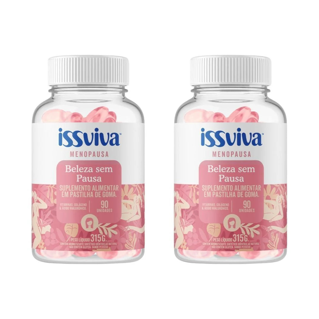 Dois frascos do suplemento Issviva Beleza Sem Pausa em embalagem rosada com tampa branca, sobre fundo branco.