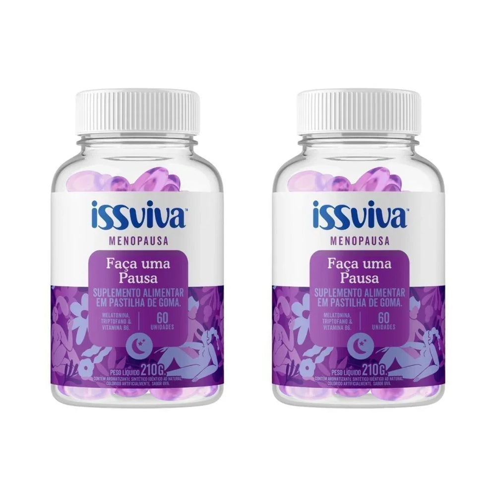 Dois frascos do suplemento Issviva Faça uma Pausa em tom lilás com tampa branca, sobre fundo branco, para bem-estar e equilíbrio feminino.